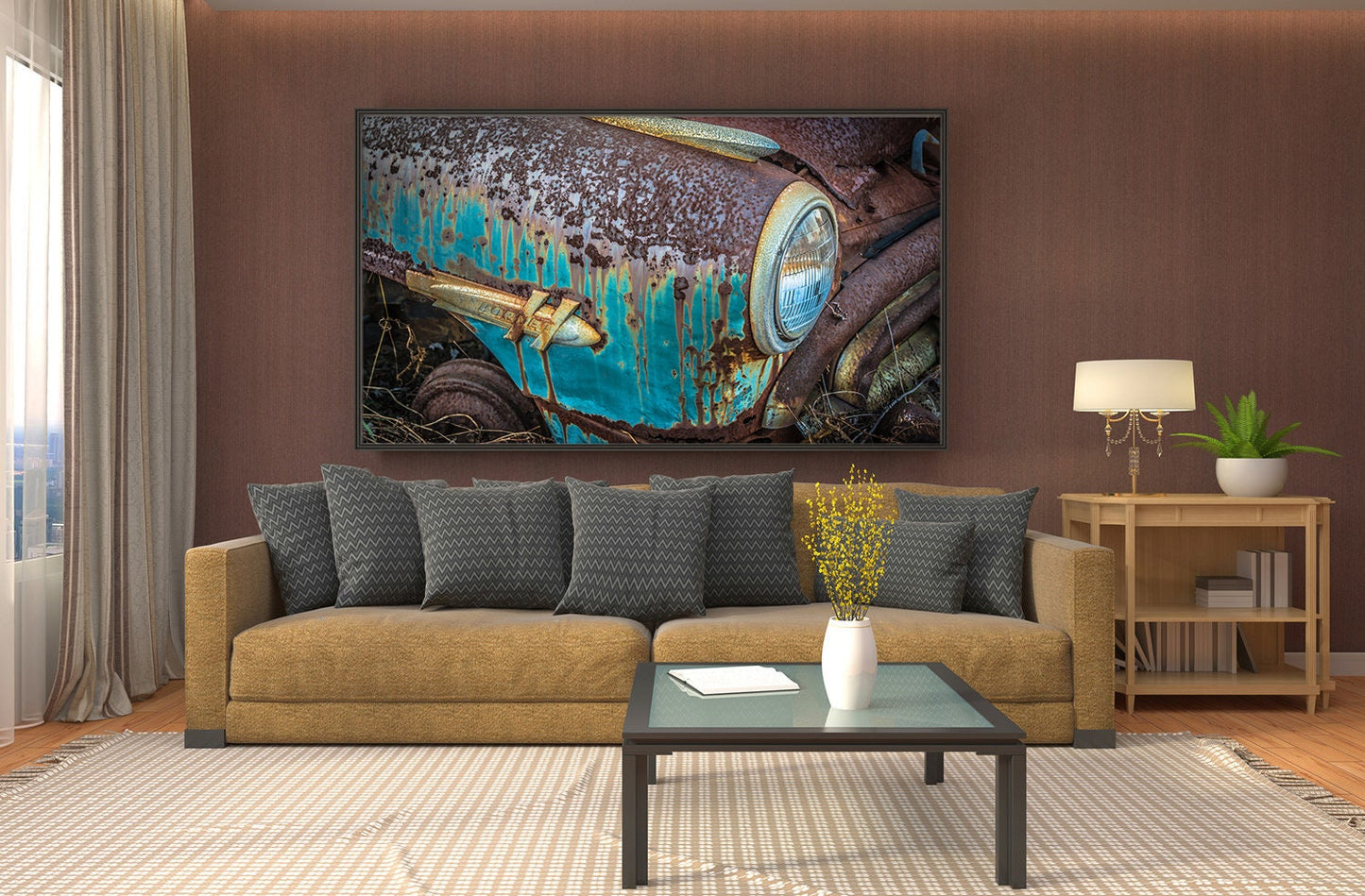 Hudson Hornet, 1950's Antique Car, Car Emblem, Vintage Blue Car, Rusted Metal, Man Cave Wall Art, Mancave Decor, Custom Artwork,Husband Gift