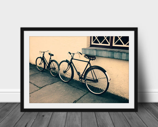 Street Bikes at Bunratty #2, Ireland Photography, Bicycle Art, Modern Minimalist, Digital Print, Silver Foil Print, Black and White Wall Art