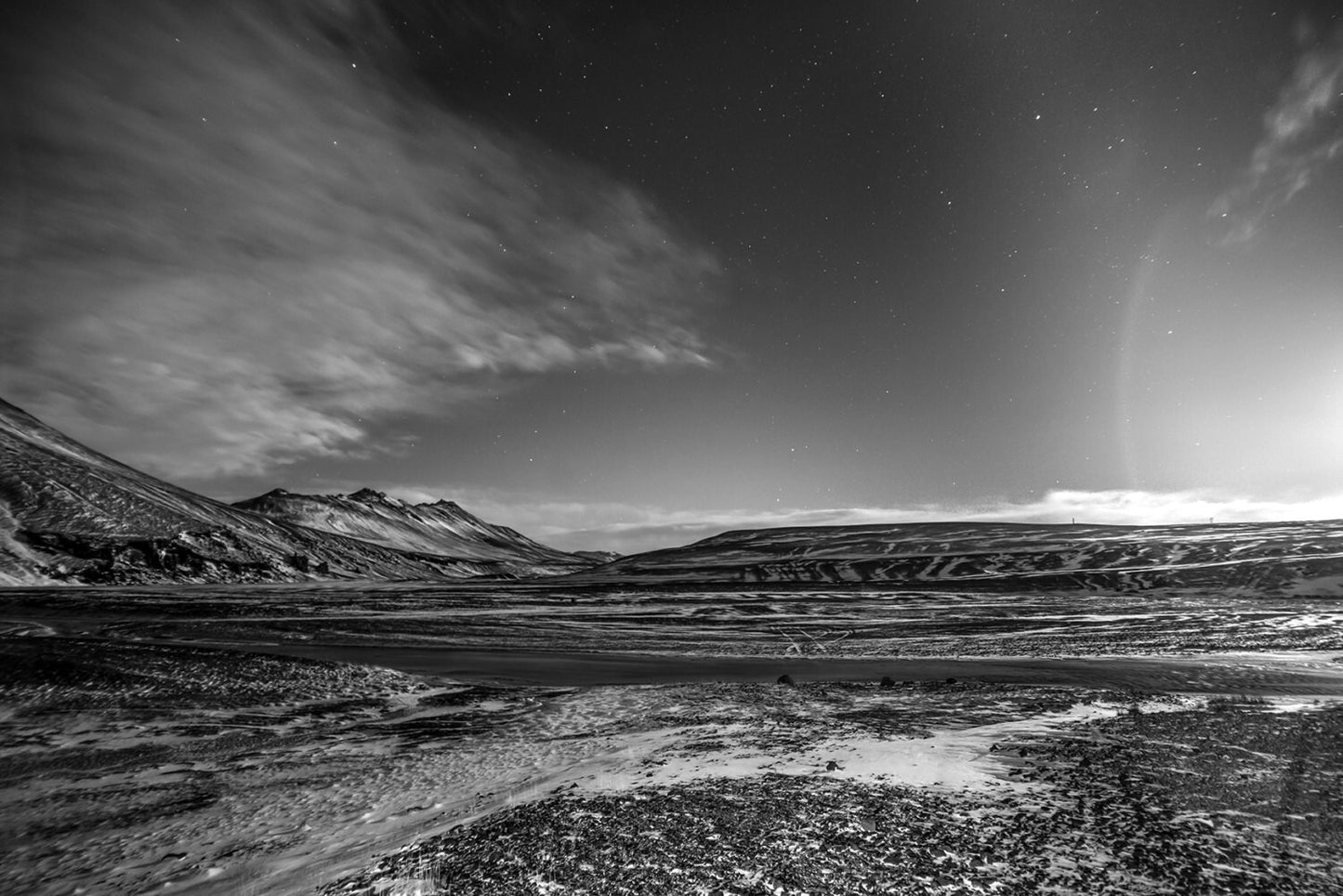 Iceland at Night, Ring Road, Black and White Photography, Road Trip, Scenery, Mountain Art, Starry Night, Monochromatic Art, Digital Print