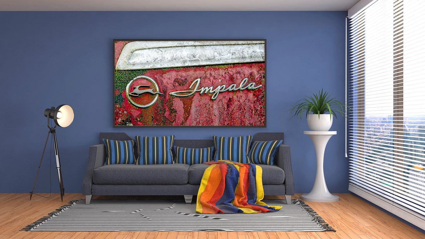 Chevy Impala, Car Emblem, Muscle Car Photo, Car Collector, Automotive Art Photography, Garage Art, Textured Wall Art, Digital Print, Mancave