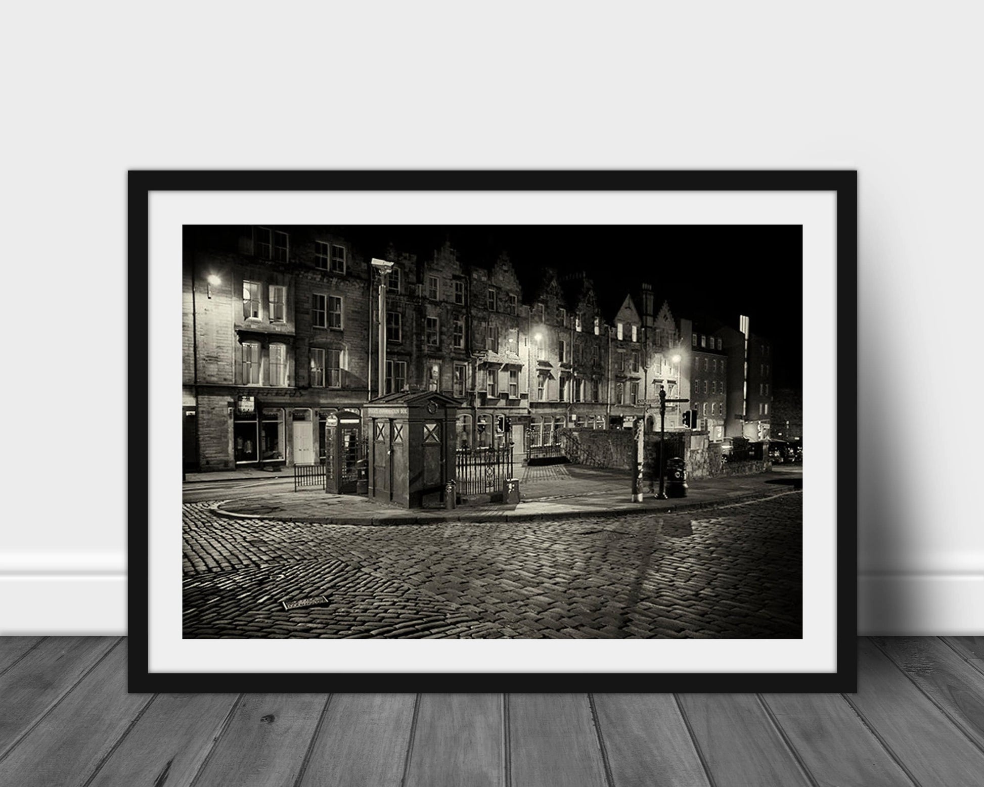 Night Street, #1, Black and White Photography, Edinburgh Scotland, Silver Foil Print, Cobblestone Street, Urban Wall Art, Architecture Art
