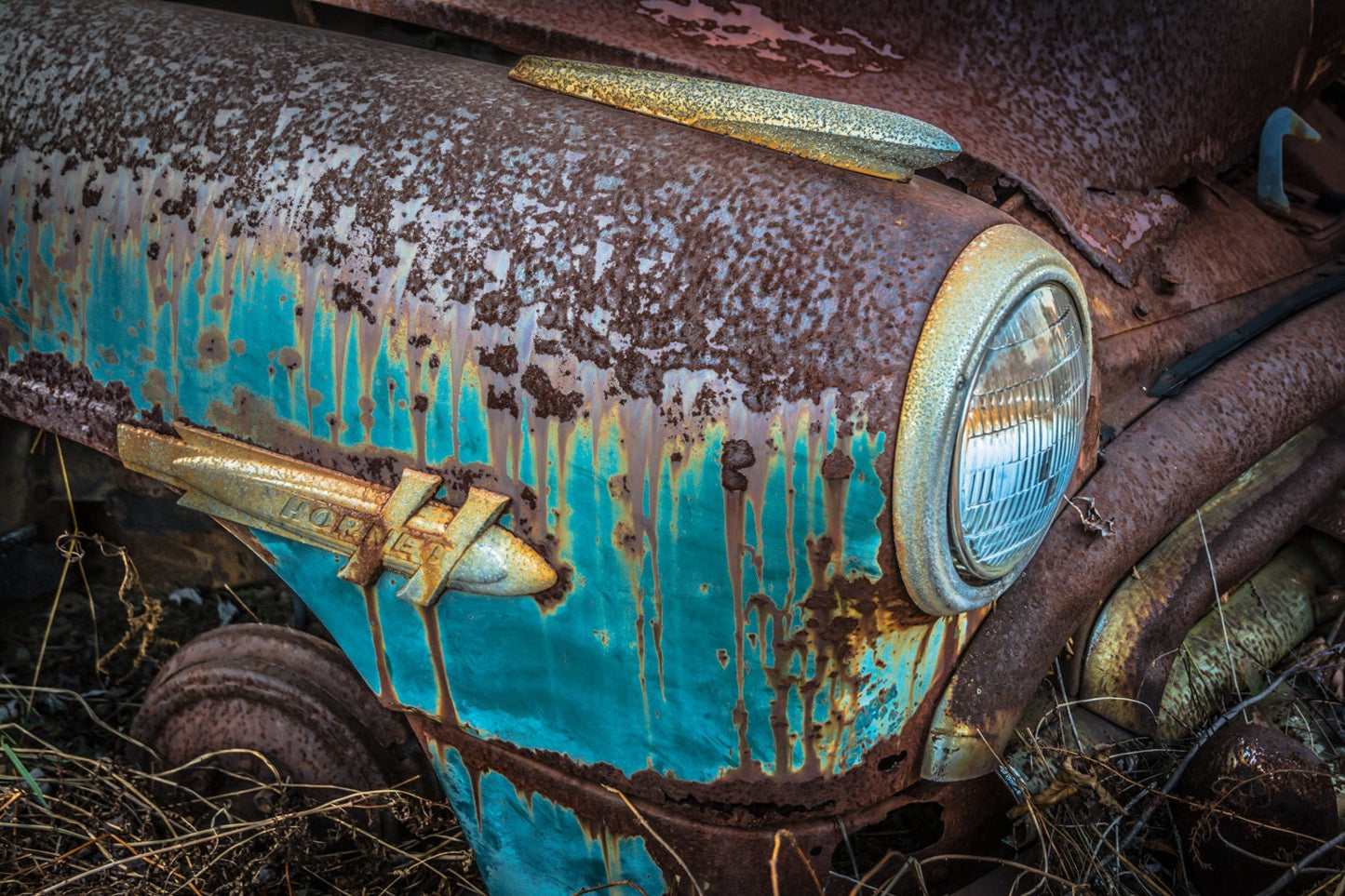 Hudson Hornet, 1950's Antique Car, Car Emblem, Vintage Blue Car, Rusted Metal, Man Cave Wall Art, Mancave Decor, Custom Artwork,Husband Gift